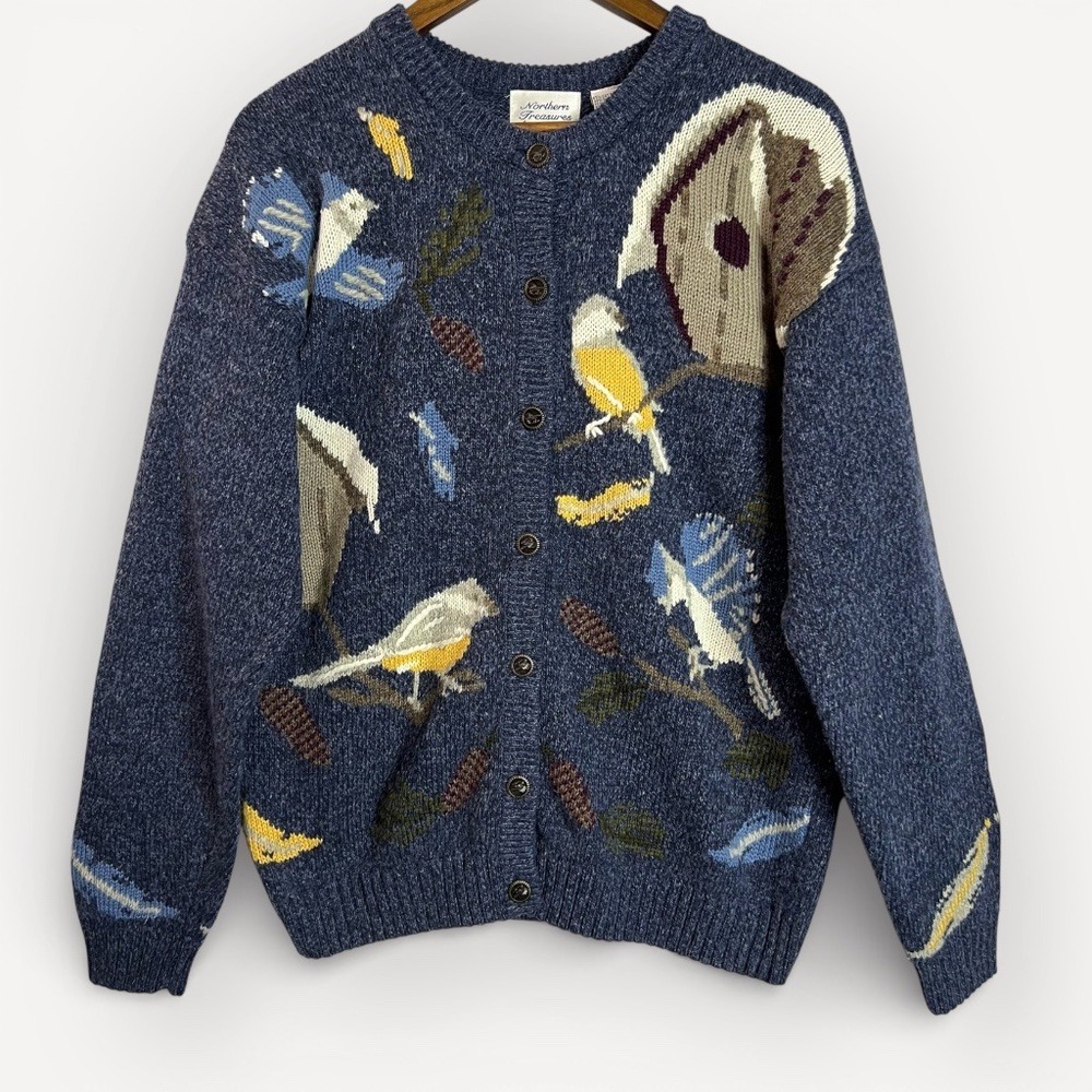 Northern Treasures Reflections Bird Birdhouse Cardigan Sweater Blue M Wool Blend